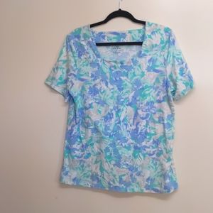 Coral Bay Blue, Green, and White Square-neck Blouse